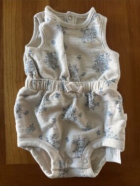 Little Planet Cream Romper with Blue Floral Print organic cotton
